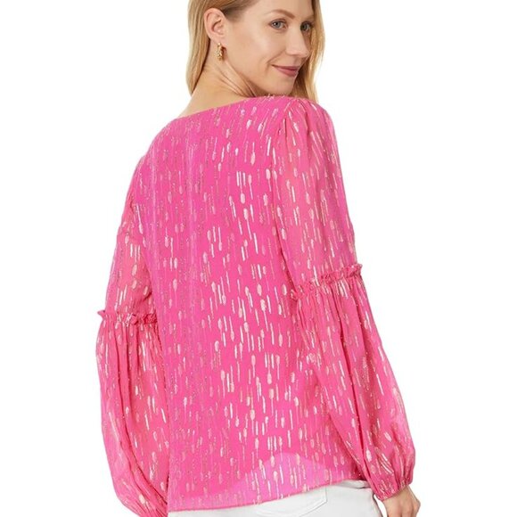 Lilly Pulitzer Cleme Long Sleeve Top Passion Fruit Pink Mystical - Picture 2 of 4